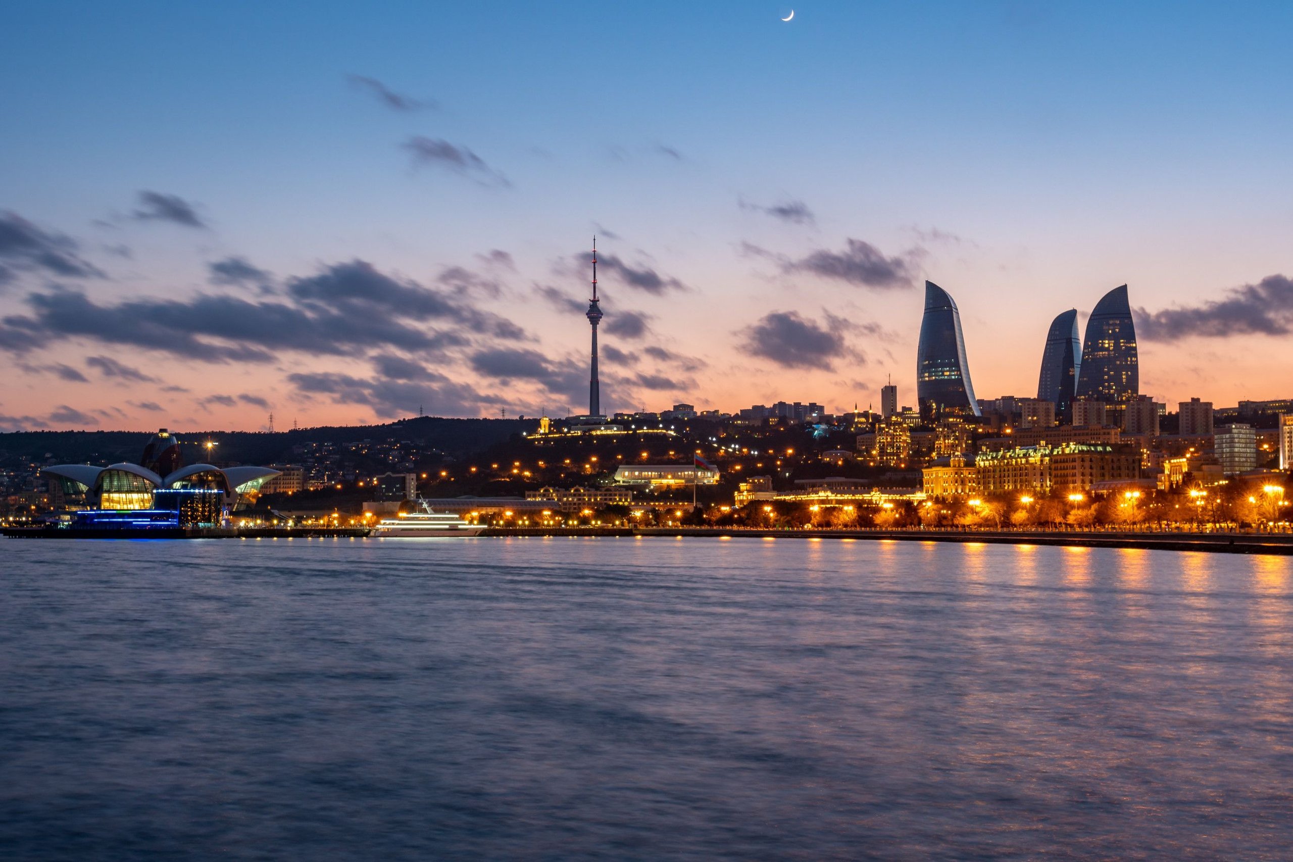 Sunset skyline with Baku Flame Towers