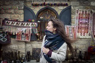 Curious Traveler Explores Authentic Oriental Bazaar In Central Asia In Winter Season Young