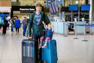 Cute Little Toddler Girl And Father At The Airport Happy Family Traveling By Plane Making