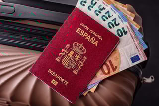 International Passport Of A Citizen Of Spain On A Suitcase Departure From The Airport