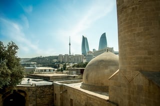 Intricate Mosque Gobbez with Baku Skyline