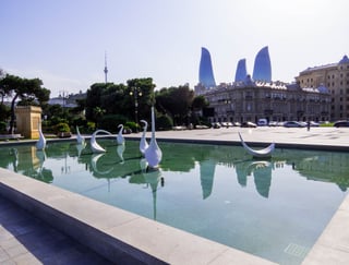 Swans Fountain and Flame Towers in Baku