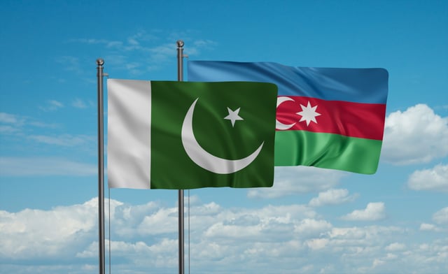 Pakistan and Azerbaijan flags flapping in the wind