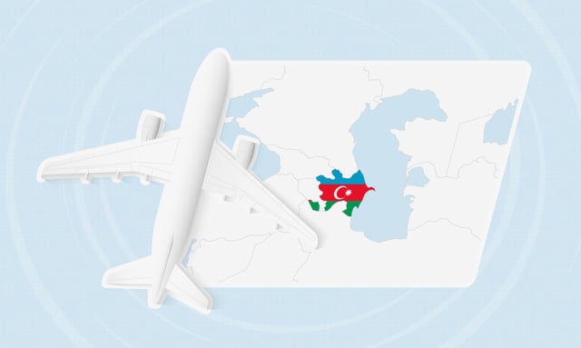Ilustraci&oacute;n de viaje a Azerbaiy&aacute;n con un avi&oacute;n y una bandera nacional