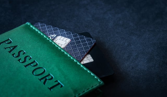 Passport With Credit Cards On Dark Background With Copy Space