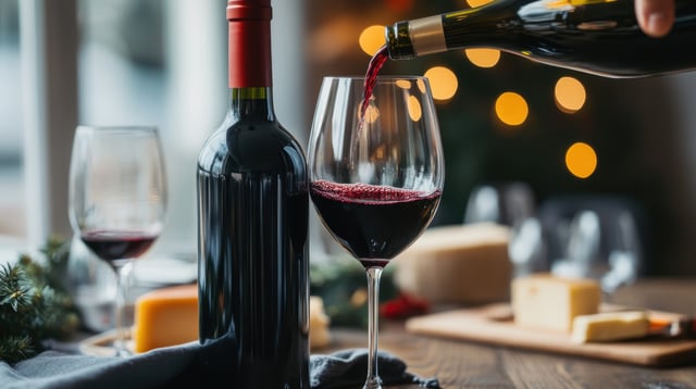 Botella de vino tinto con copas y queso