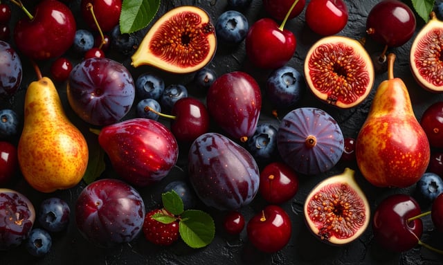 Ciruelas maduras, cerezas e higos