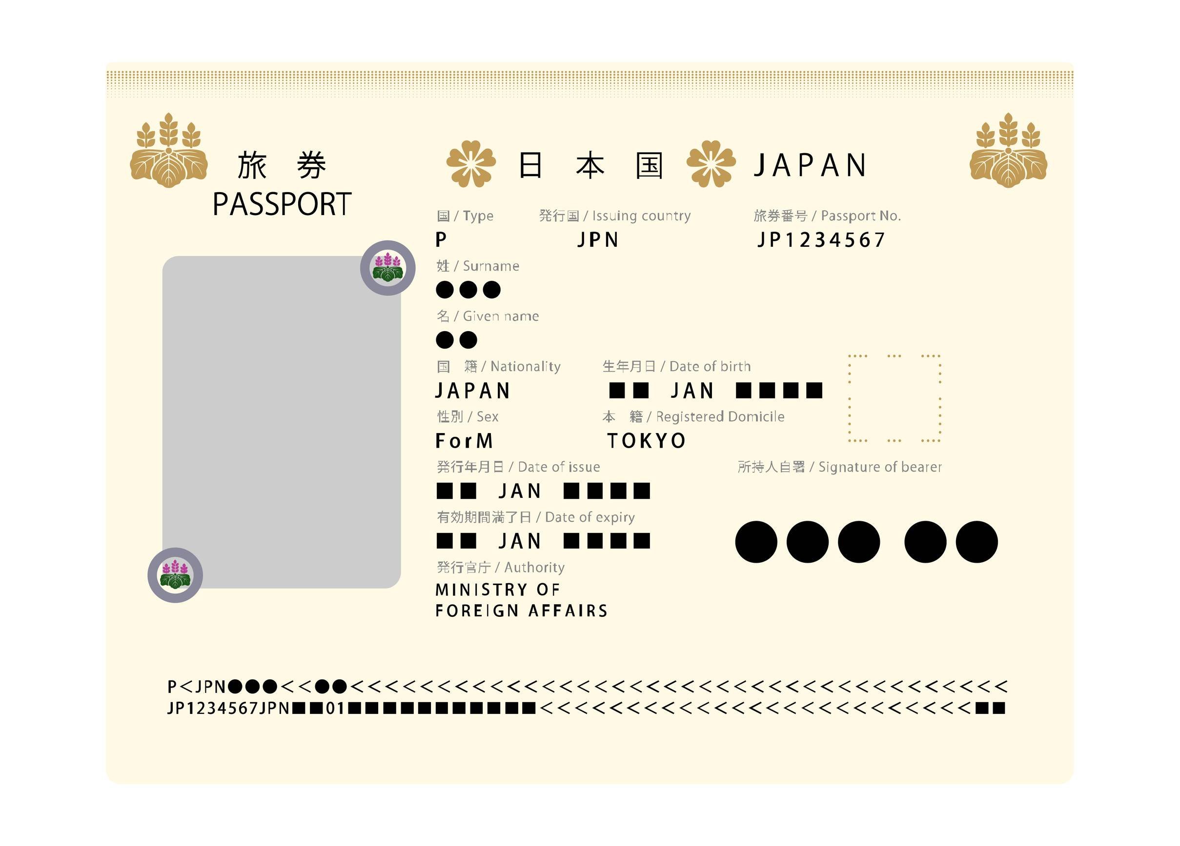 Ilustración de la imagen de la página de identificación del pasaporte japonés