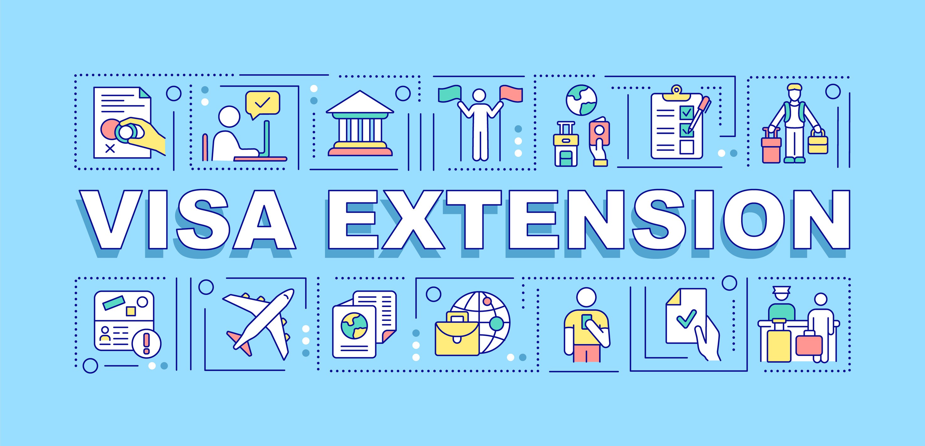 Bannière de concepts de mots pour l'extension de visa, approbation d'autorisation d'entrée, infographie avec linéaire